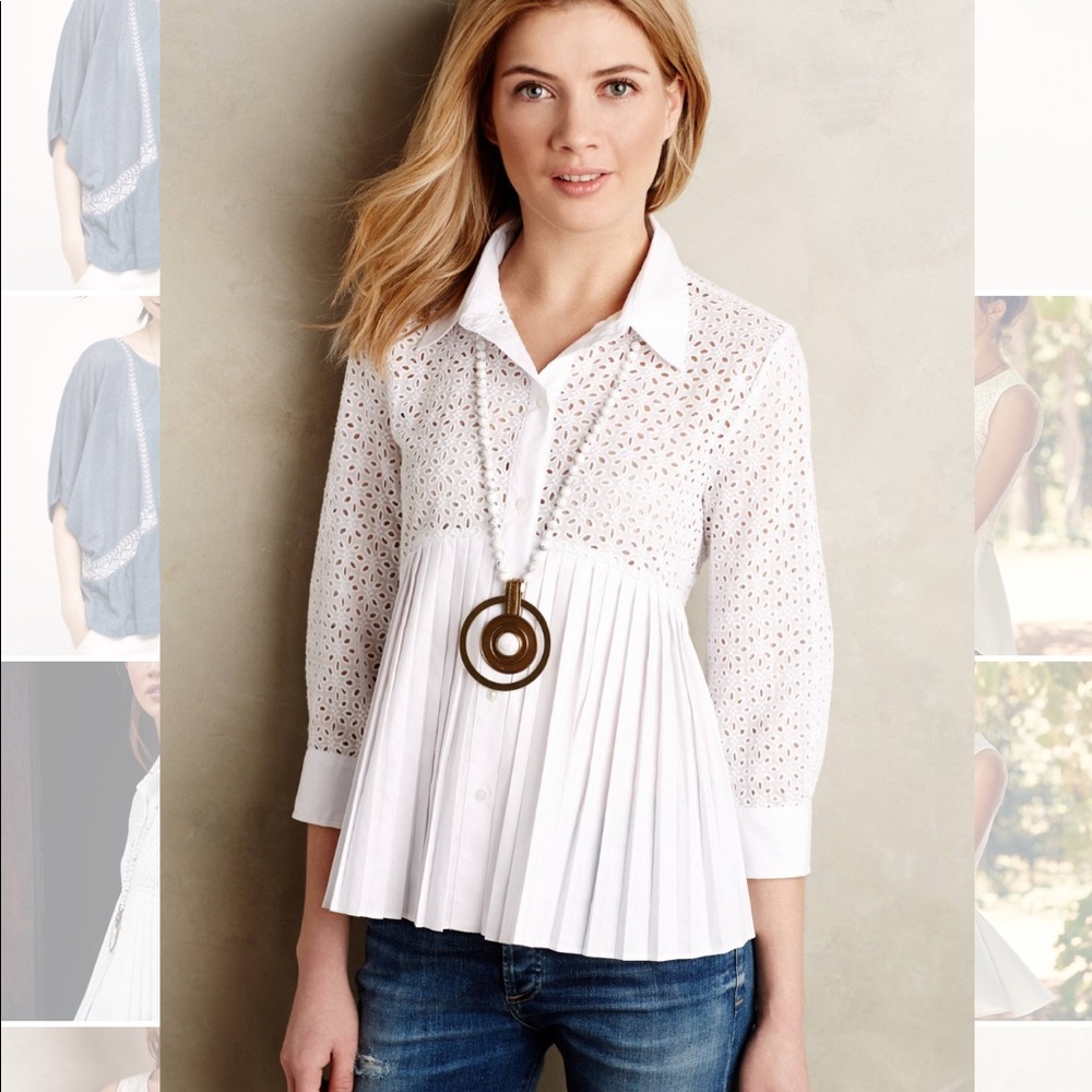 ANTHROPOLOGIE: NAVY Eyelet Pleated Blouse - Picture 1 of 3
